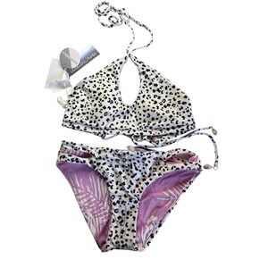REVERSIBLE Leopard Print Palm Leaf Bikini Swimsuit Set Women's Medium NWT‎